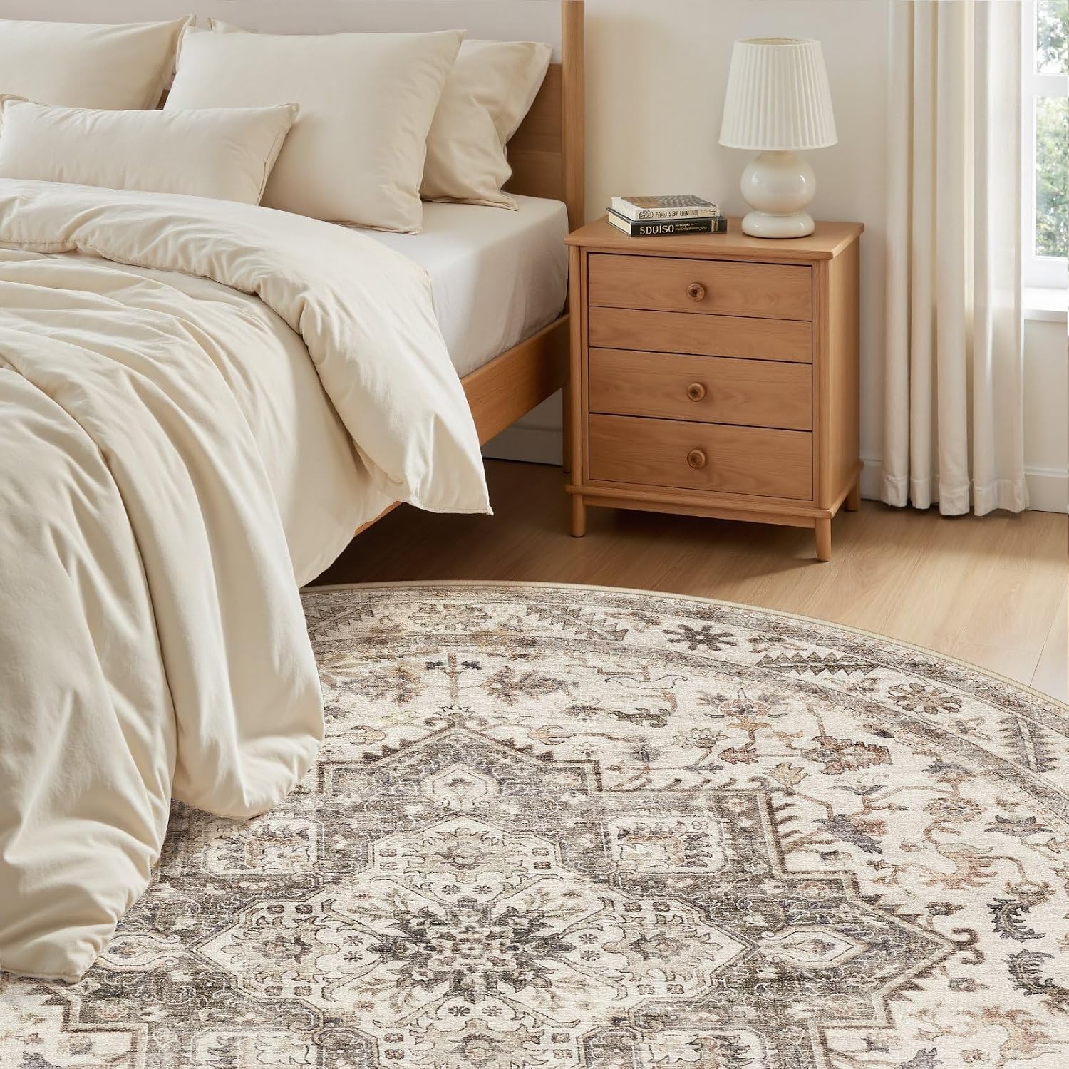 Detalle 2 de cotiled 5ft Round Area Rug, Light Brown Traditional Distressed Design