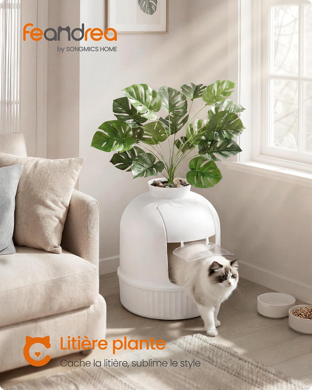Detalle 2 de Meuble litière pour chat Feandrea avec fausse plante, porte basculante et filtre à charbon (blanc nuage) PPT006W101