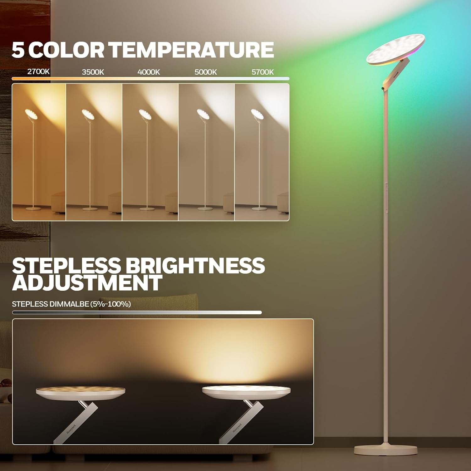 Detalle 2 de Honeywell Lampada da terra LED F2 Sunturalux™ Torchiere con telecomando e 7 livelli dimmerabili