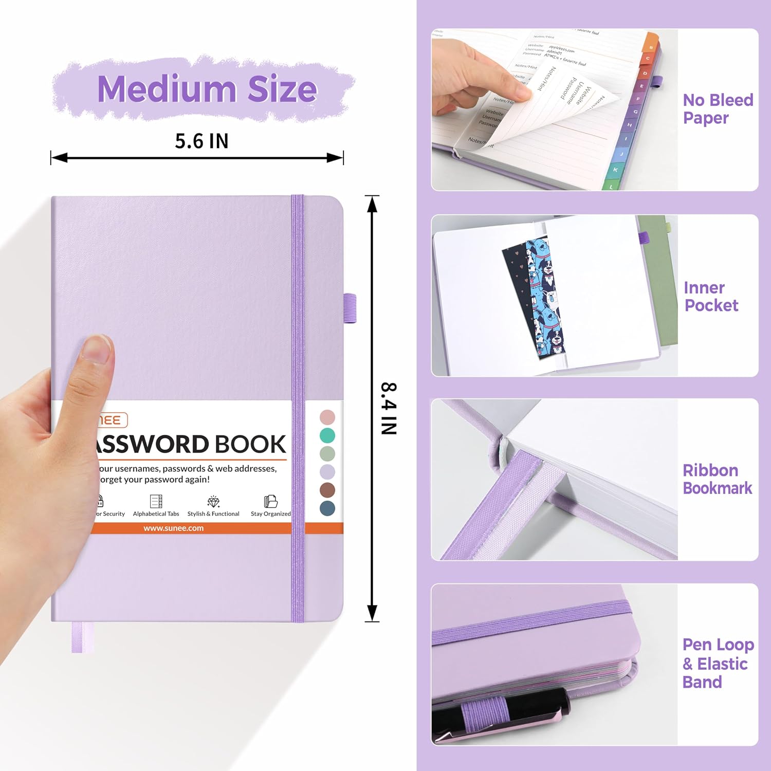 Thumbnail 3 de SUNEE Password Book, Purple Hardcover Password Keeper with Alphabetical Tabs