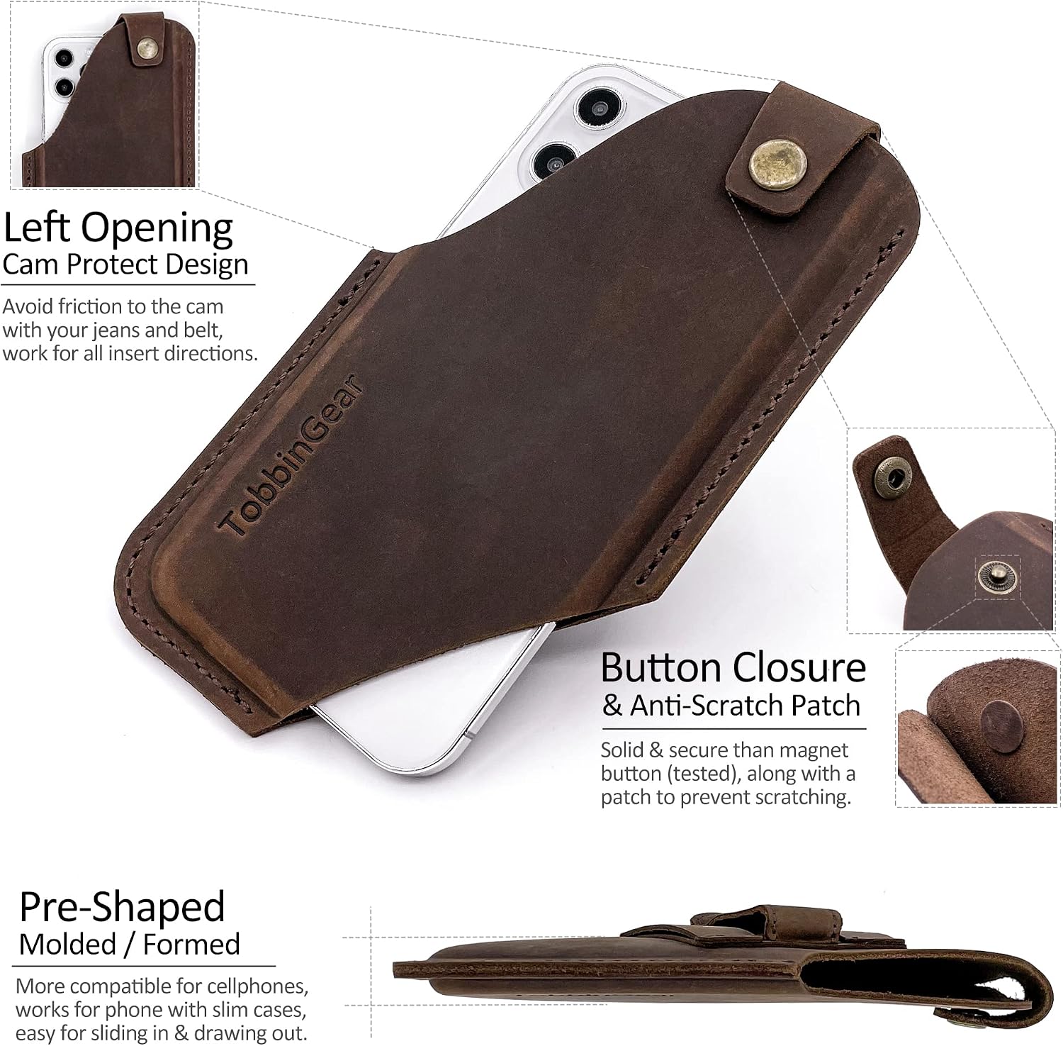 Detalle de TobbinGear レザースマートフォンホルスター Mサイズ ベルトクリップ付き ダークブラウン・右利き用