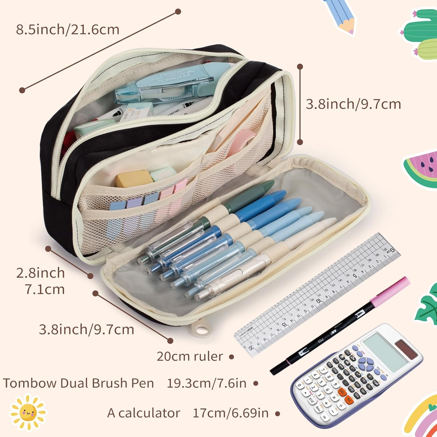Detalle de Large Capacity Pencil Case with Compartments (zip pocket, elastic straps & card slots) for school, college and office