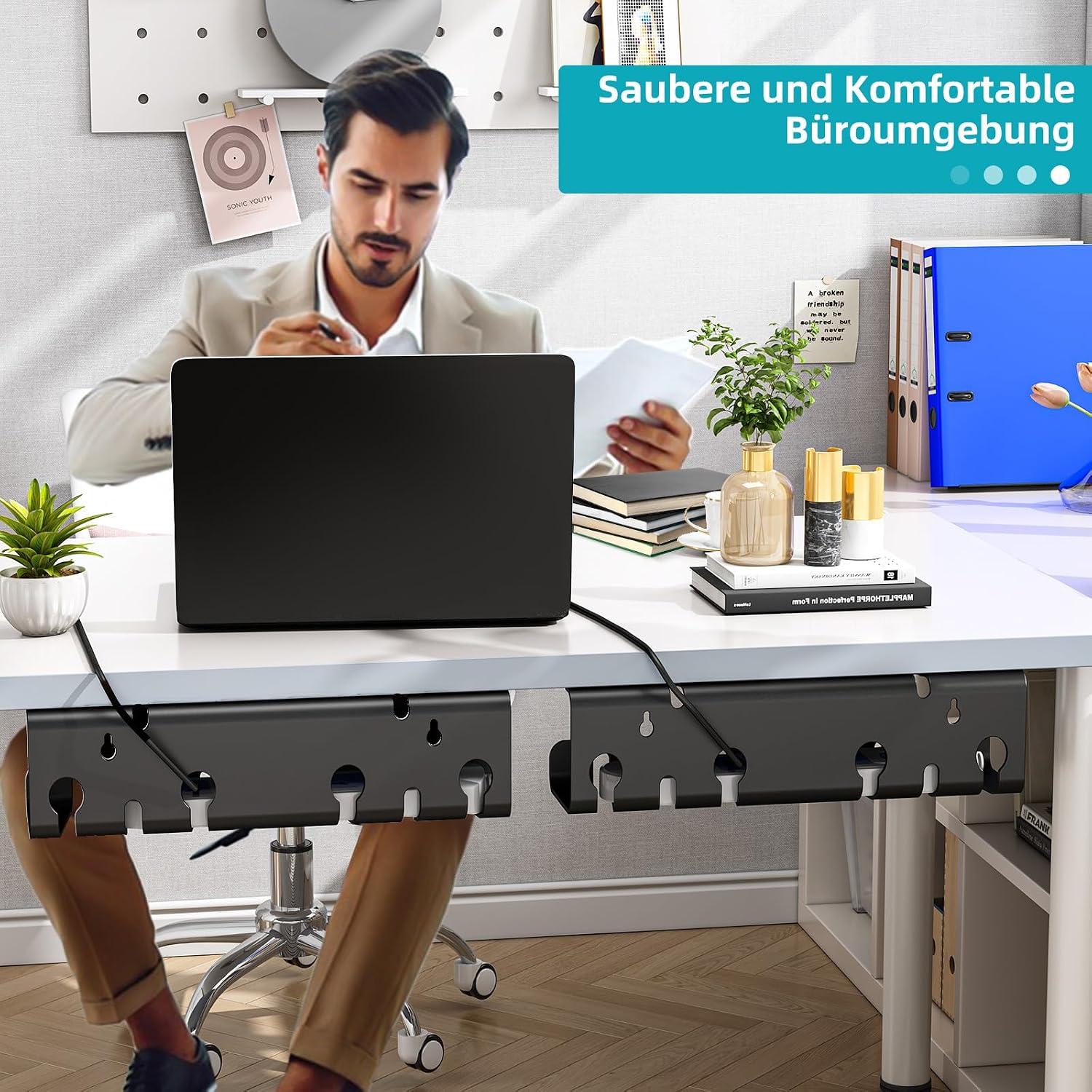Detalle 2 de StowBin Canalina per cavi da scrivania – set da 2, organizer in acciaio inox con accessori, gestione cavi nera