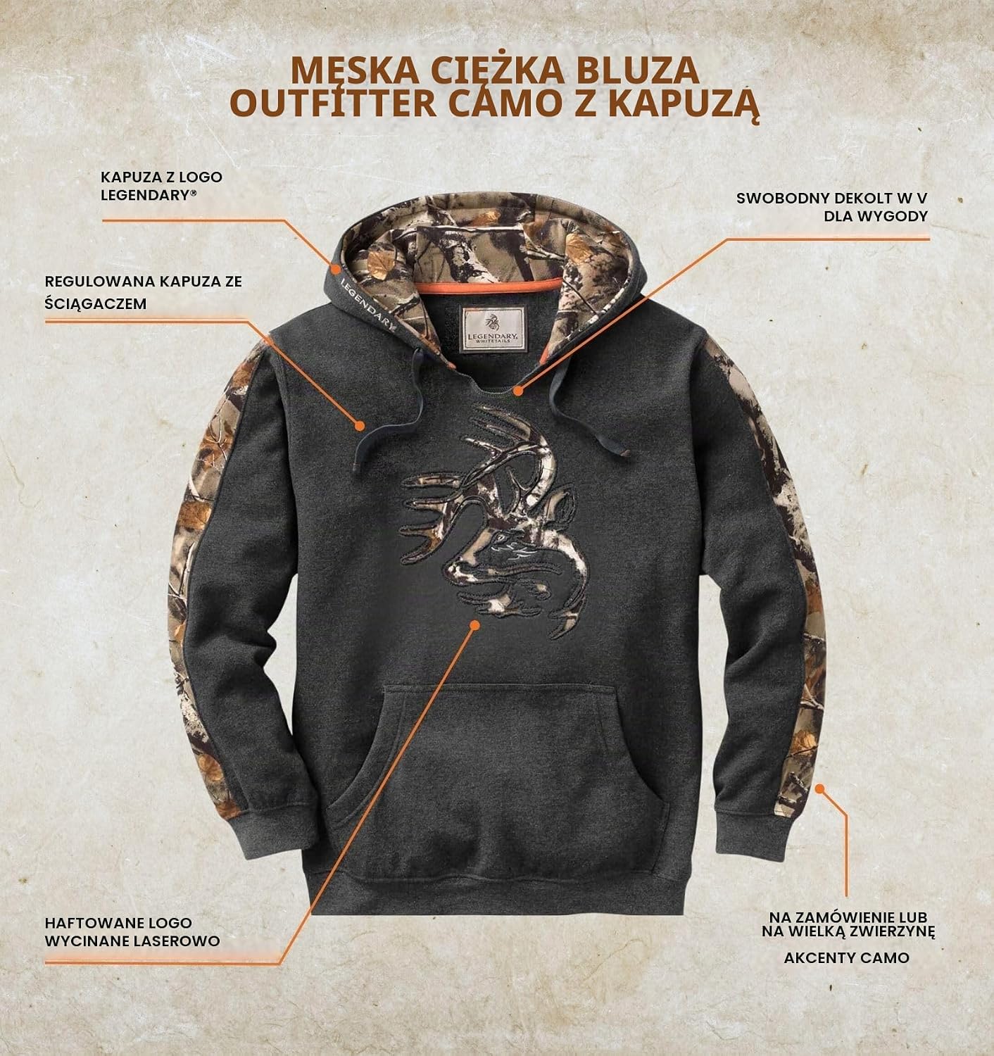 Detalle 2 de Legendary Whitetails Camo Outfitter Hoodie – męska bluza, luźny dekolt V