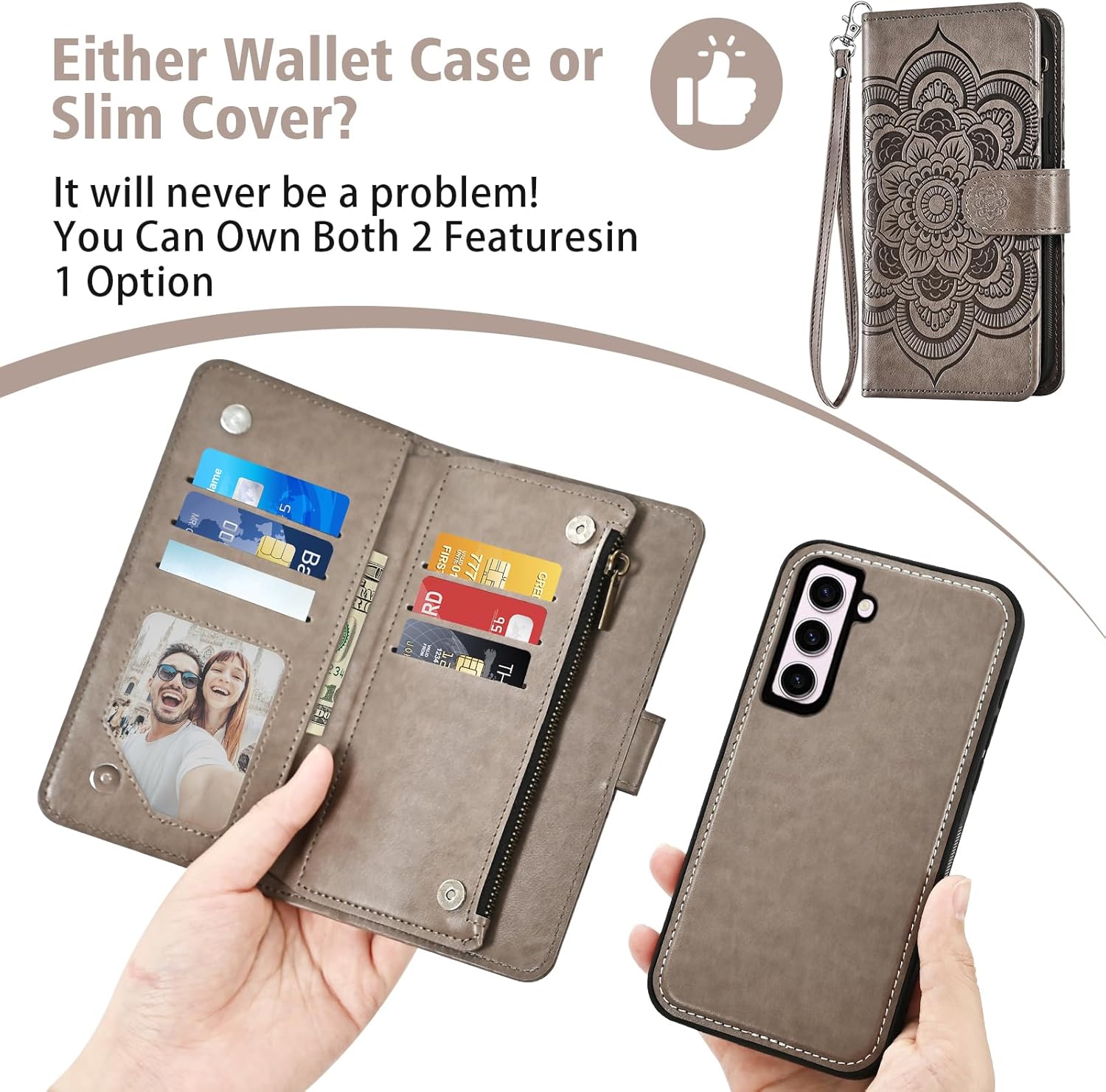 Thumbnail 4 de Asuwish Galaxy S23 5G Zipper Wallet Case with Screen Protector & Detachable Straps (Grey)