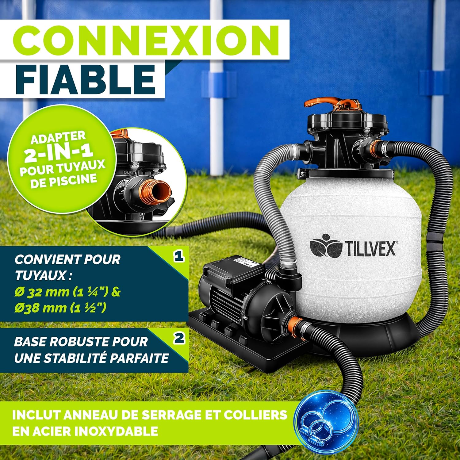 Thumbnail 6 de Système de filtre à sable tillvex® 7.900 L/h avec vanne 7 voies et indicateur de pression (adaptateur 2en1 Ø32-38 mm)