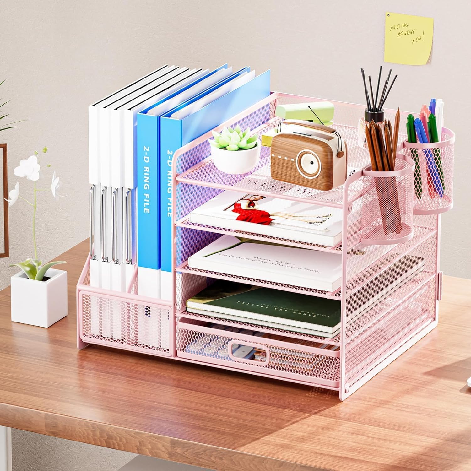 Detalle 2 de Marbrasse Desk Organiser File Holder (5-tier tray, drawer, 2 pen holders) – Pink