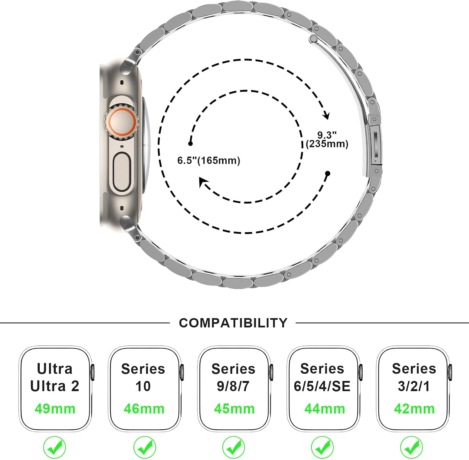 Thumbnail 6 de Anlinser five-link stainless steel Apple Watch metal strap (49mm–42mm) in Silver