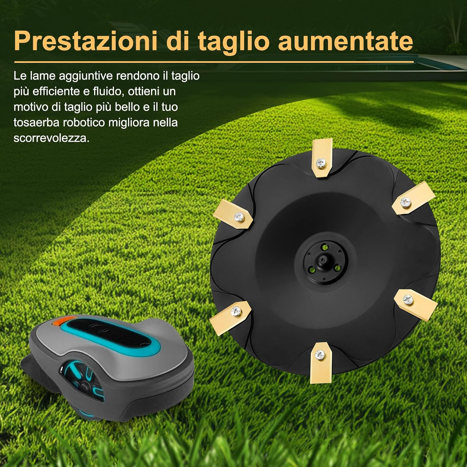 Detalle de Disco Lama + 6 Lame Compatibile con Gardena Sileno Life, Sileno Plus, R100li, R130li, R160li – Taglio più Efficiente