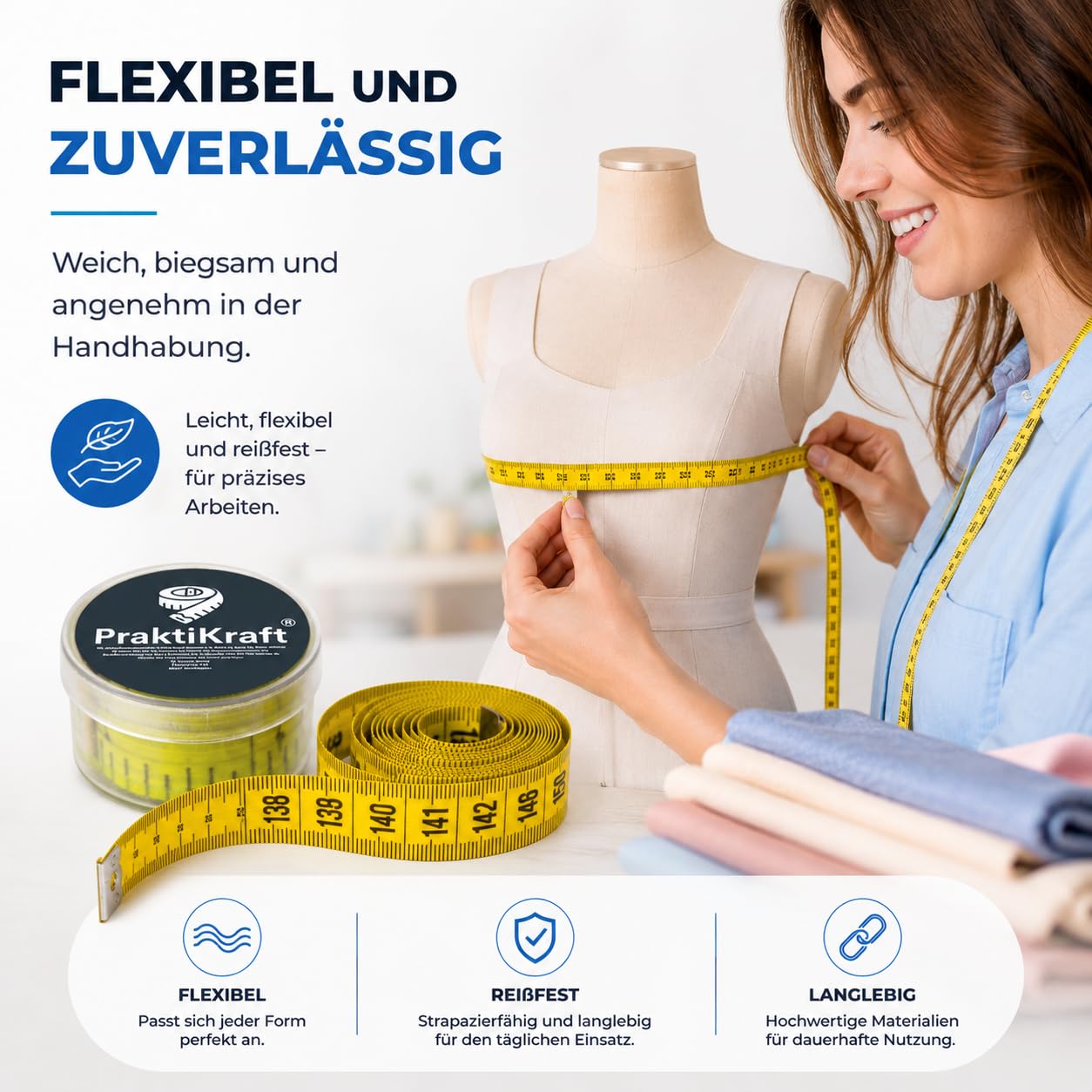 Detalle de PraktiKraft 2-in-1 meetlint 150 cm met cm- en inchschaal en opbergdoos
