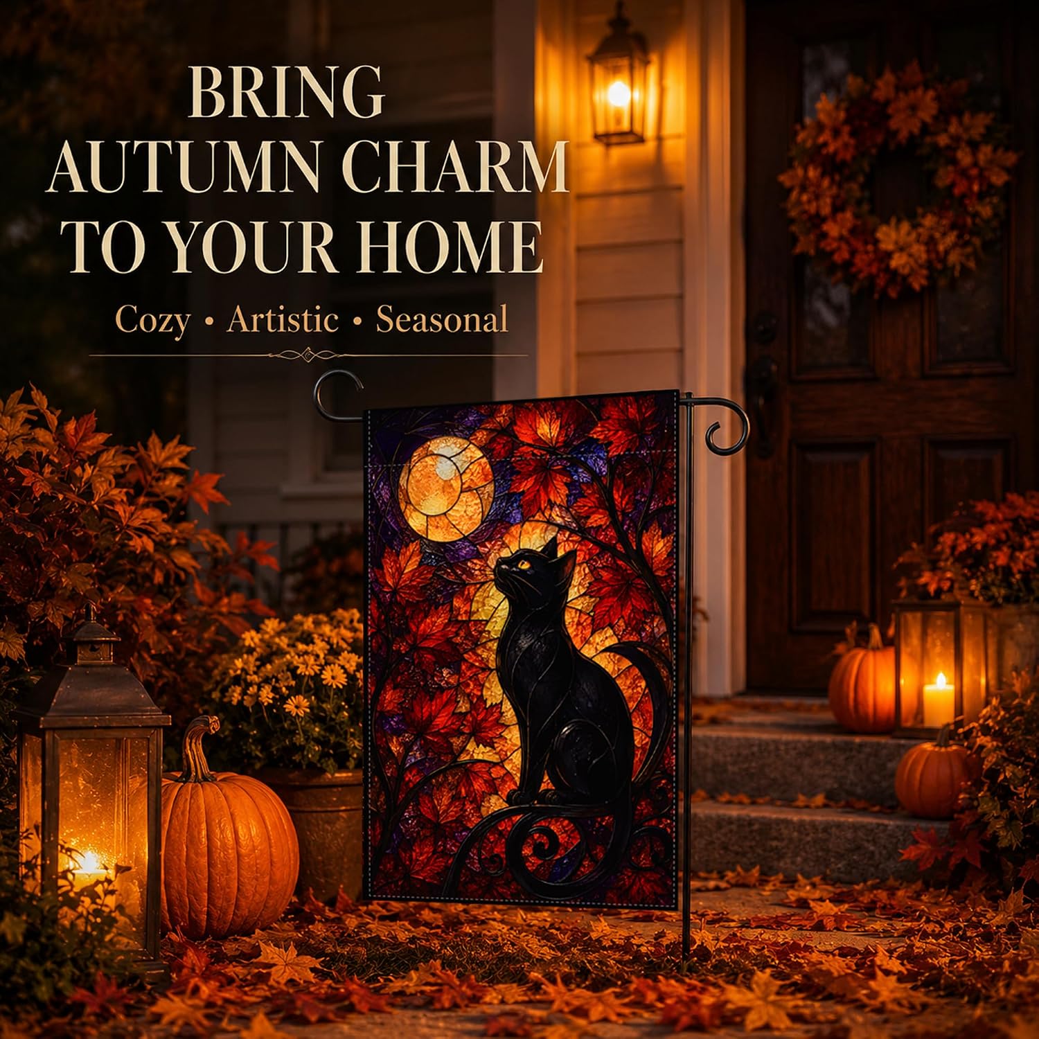 Detalle 2 de OHOME Stained Glass Black Cat Moon Garden Flag, Double-Sided Polyester