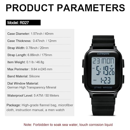 Detalle de LN LENQIN Reloj Digital Deportivo para Hombres – 50 m/12 mm ultradelgado con luz EL