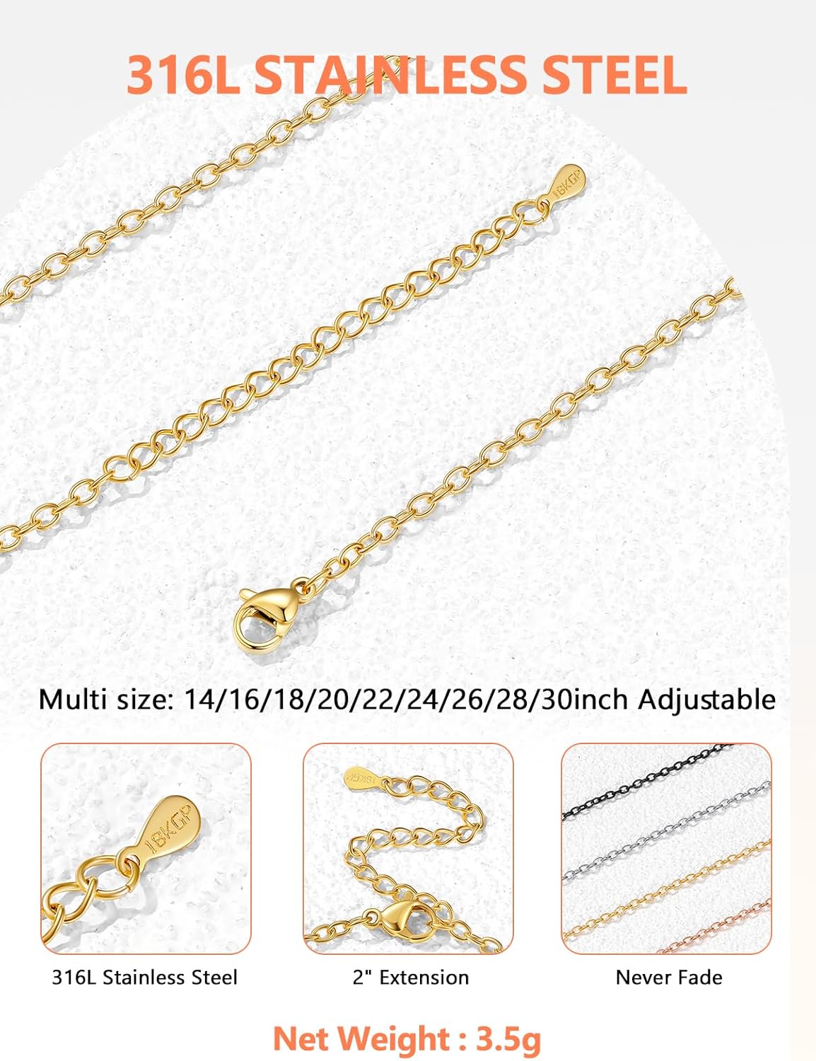 Thumbnail 2 de Silvora Chaîne gourmette en acier inoxydable pour femme — 2 mm, 36 à 76 cm, sans pendentif, plusieurs finitions