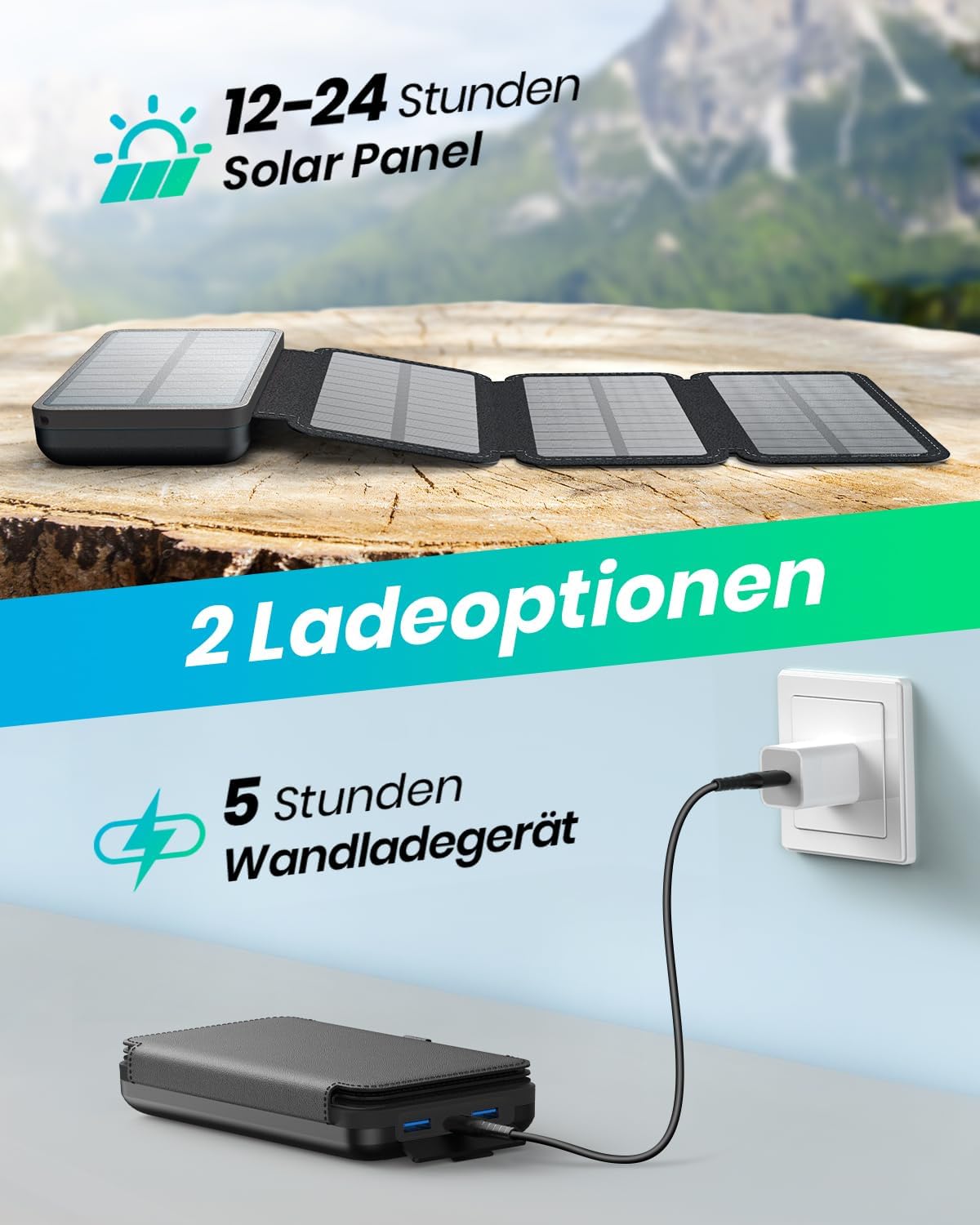 Detalle de Solar Powerbank 20000mAh – A ADDTOP Solar Ladegerät mit 22,5W Schnellladung, 4 faltbaren Solarpanels und USB-C/USB-A