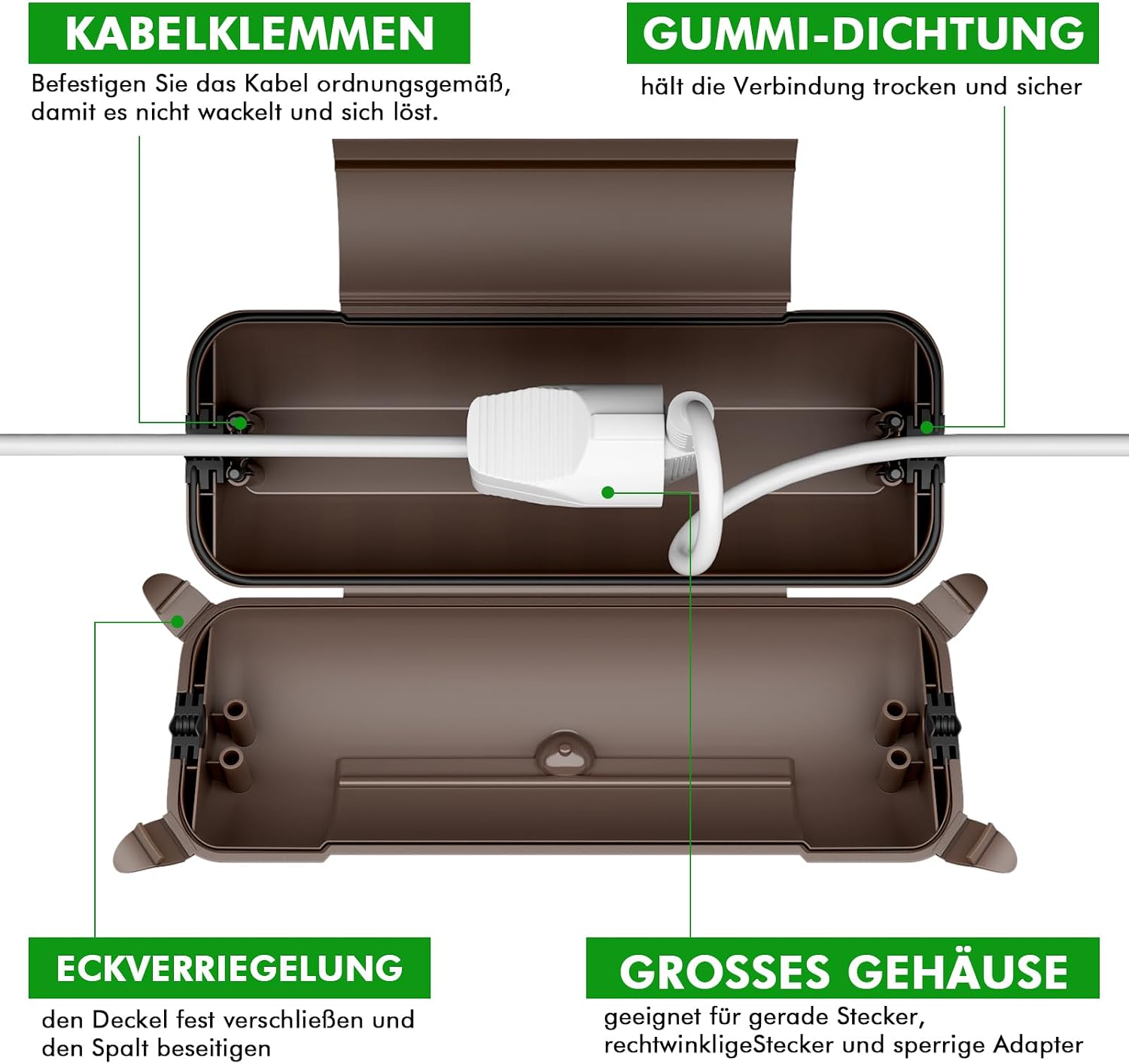 Detalle de RESTMO IP44 wasserdichte Kabelbox für den Außenbereich (Outdoor) – Große, braune Schutzbox für Verlängerungskabel, Schukostecker und Elektrowerkzeug