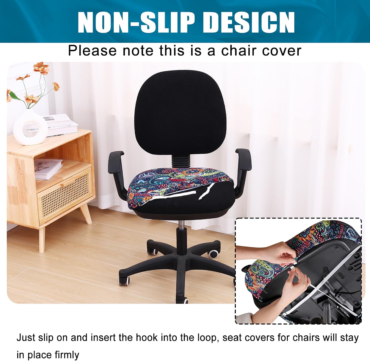Thumbnail 2 de Smiry Stretch Printed Office Chair Cover, Blue-Green, Machine Washable
