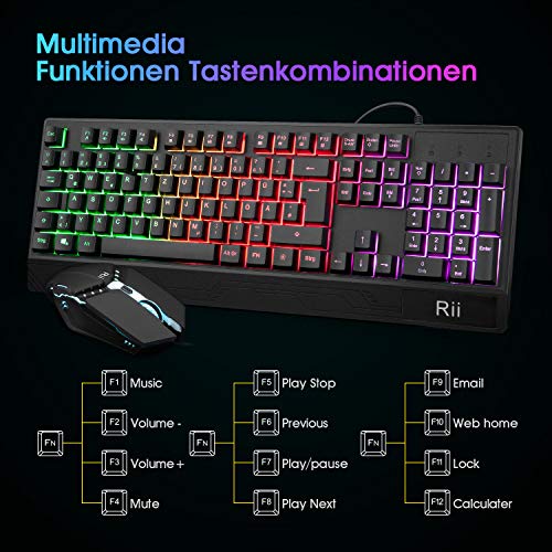 Detalle 2 de Rii Gaming Tastatur und Maus Set – RGB-Beleuchtung, DE-Layout, QWERTZ, wasserdicht