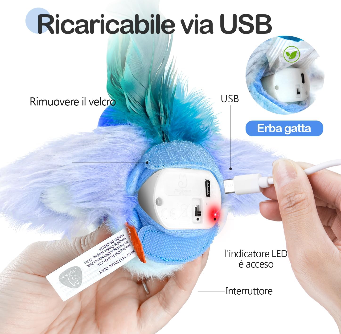 Detalle de Migipaws Giocattolo per gatti: uccellino interattivo 3 in 1 con erba gatta, ricaricabile