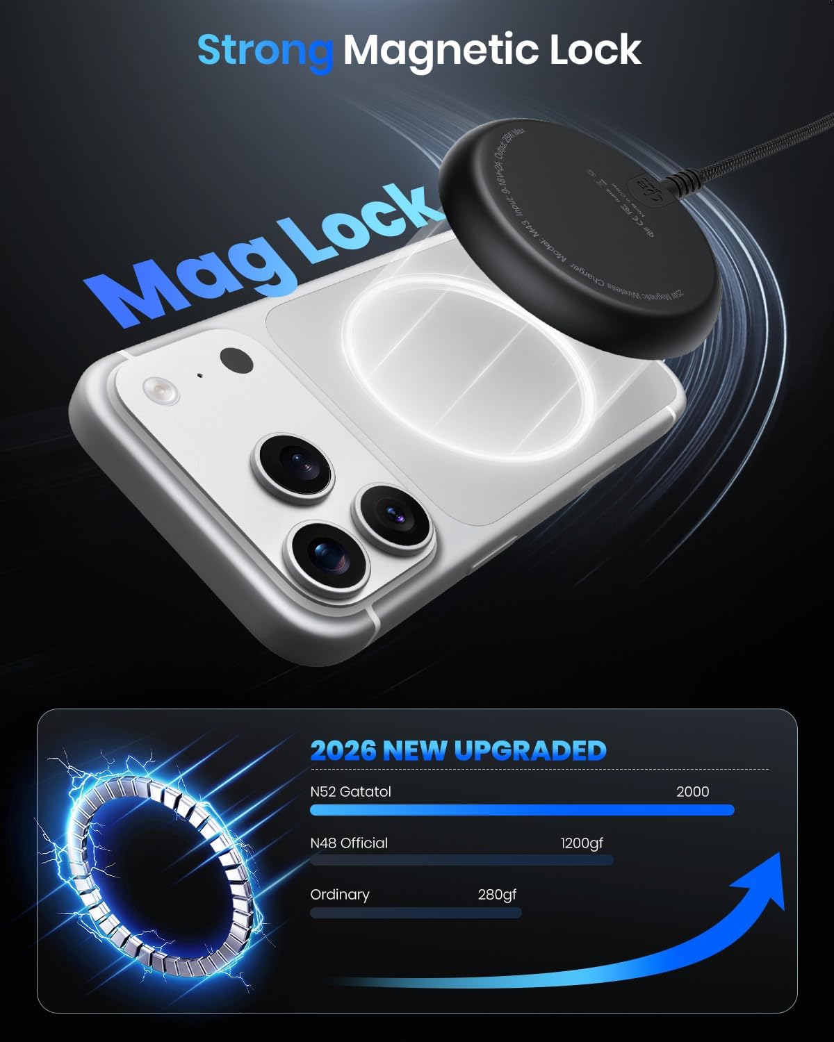 Detalle de Qi2 25W Magnetic Wireless Charger with 5ft Cable – MagSafe Compatibility and 30W Adapter Included