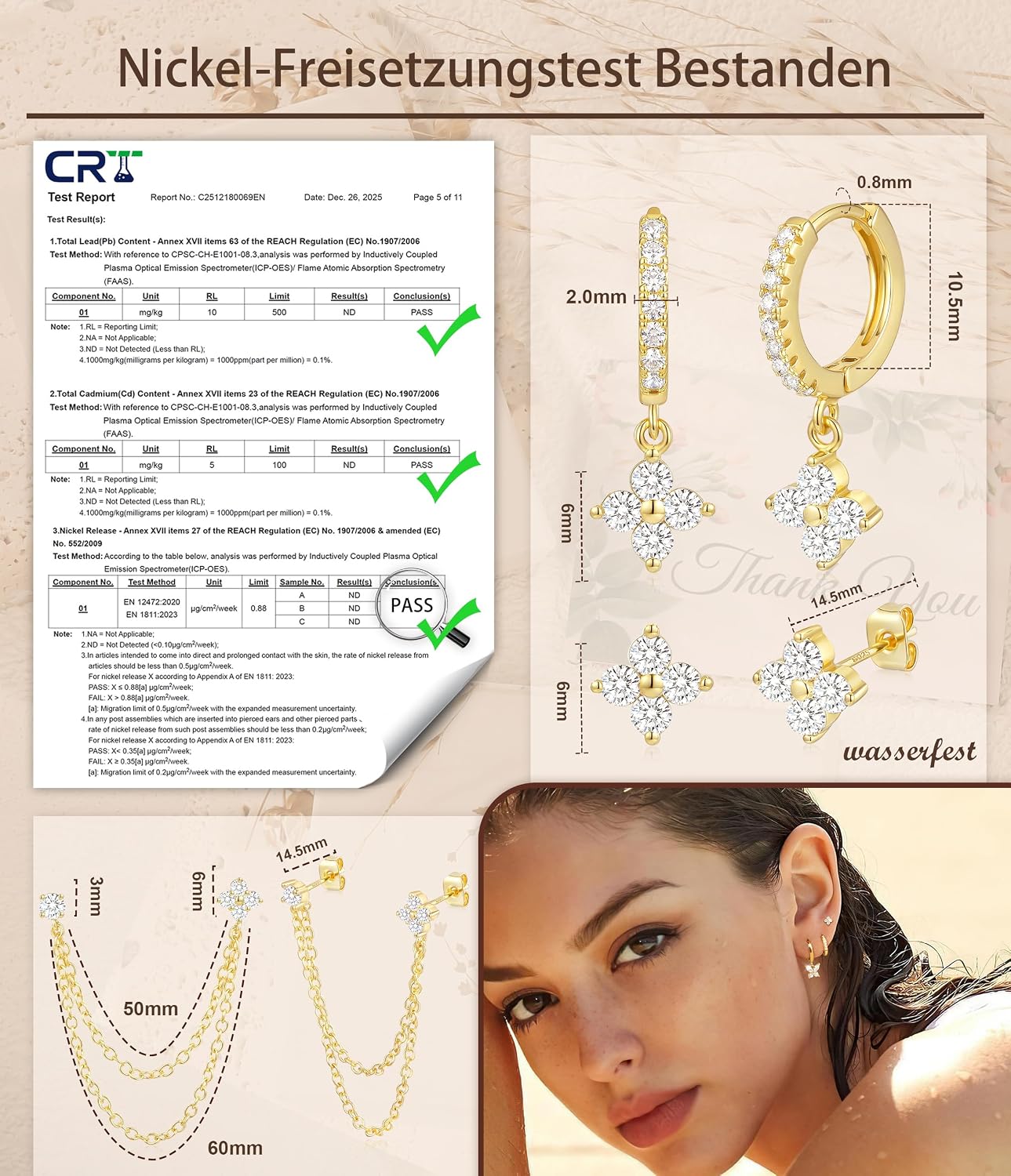 Detalle de ZOERAY 3 Paar Ohrringe Silber 925 / Gold – Vielseitiges 3er Set für Damen, wasserfest und hypoallergen