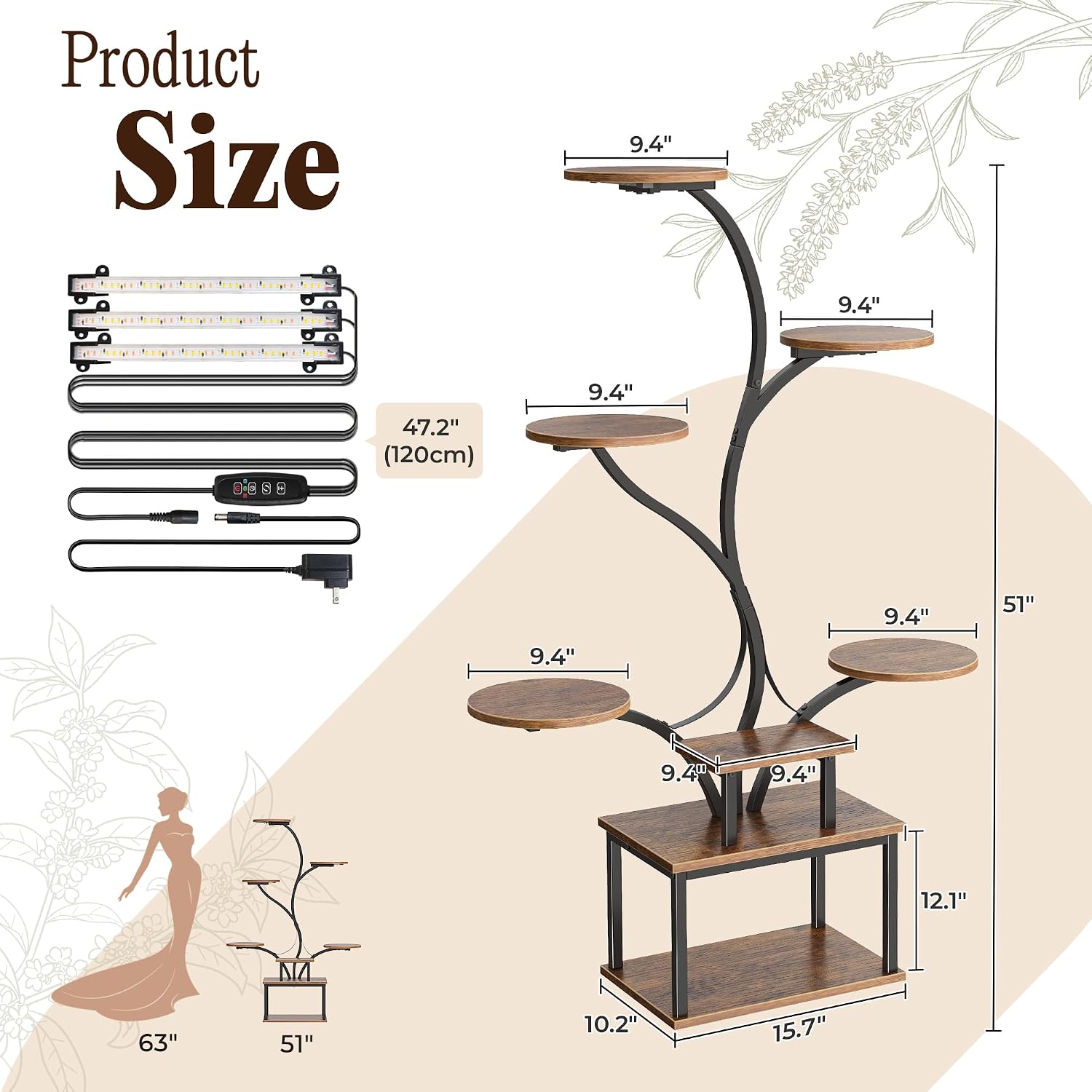 Thumbnail 6 de PRAISUN 51-Inch Plant Stand with Grow Lights, 8-Tier Corner Shelf, Rustic Brown