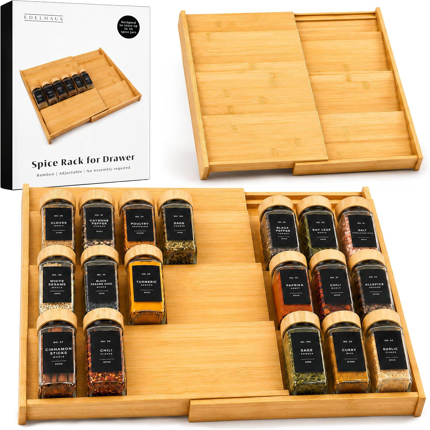Detalle de EDELHAUS Bamboo Spice Drawer Organizer 12–24 in 🧂