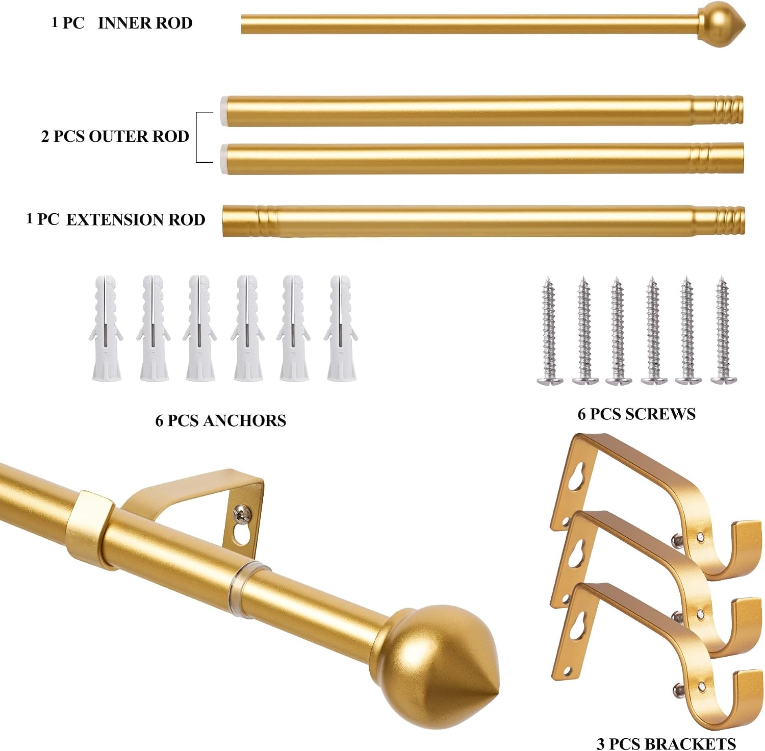 Detalle de Curtain poles Gold Extendable Curtain Pole 76–132 cm with Ball Finials