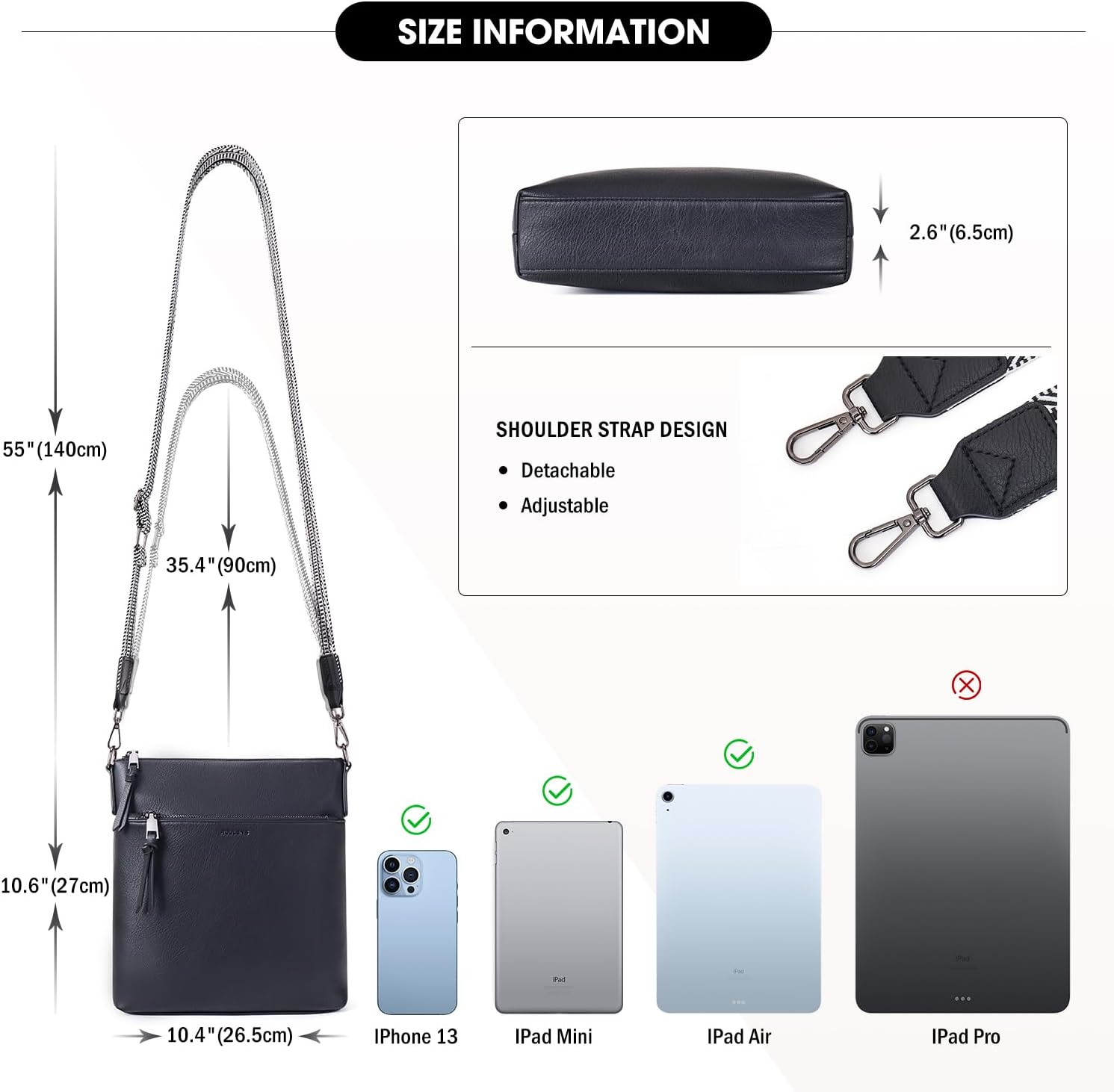 Detalle 2 de Roulens Mittel Damen Umhängetasche aus veganem Leder – RFID-Schutz, drei Fächer, Crossbody