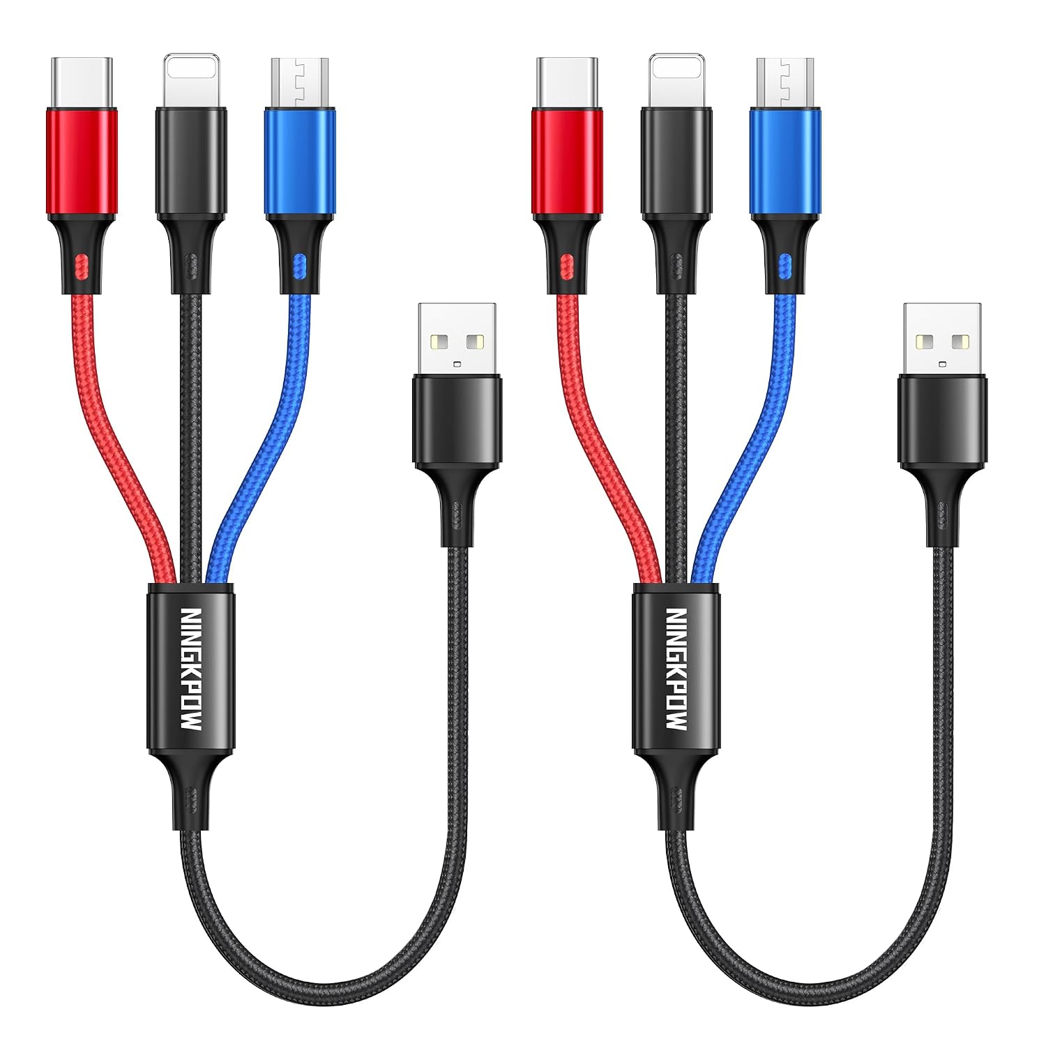 Detalle de NINGKPOW 3-in-1 50cm Multi Charger Cable (2 Pack) – Nylon Braided, 0.5m