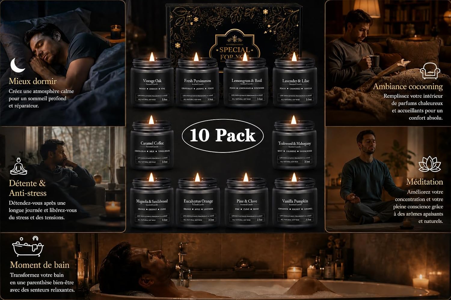 Detalle de Lot de 10 Bougies Parfumées pour Homme – Coffret Cadeau Premium en Verre et Pots Noirs