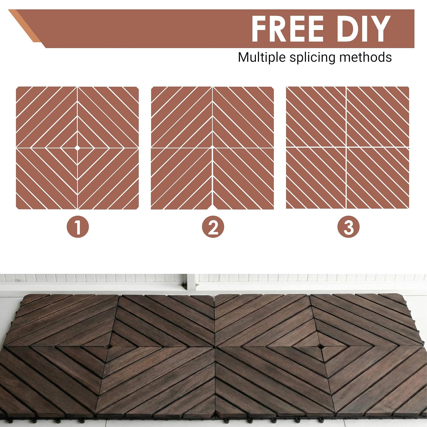 Thumbnail 6 de PrimeZone 27 PCS Acacia Wood Interlocking Deck Tiles, 12" x 12", Dark Brown