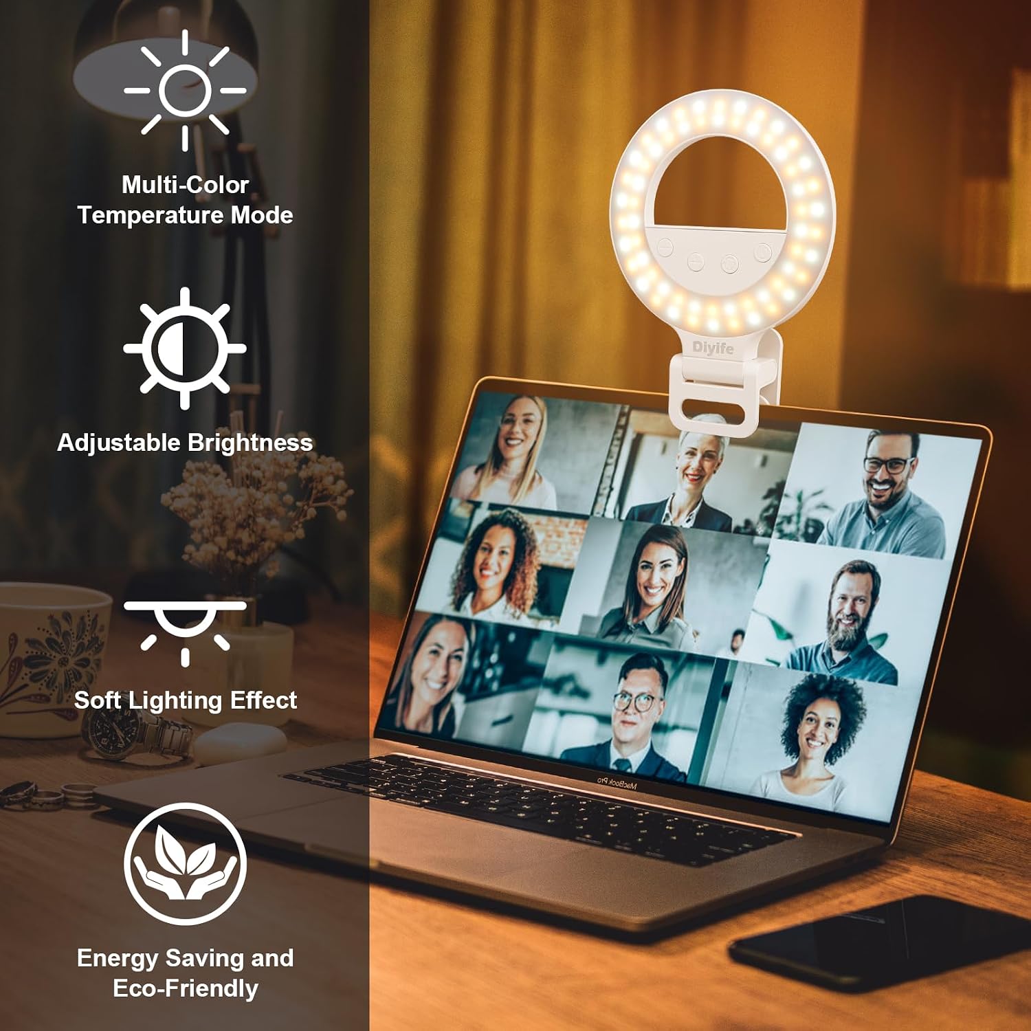 Thumbnail 4 de Diyife Selfie Ring Light (360° rotation, rechargeable 1000mAh) with 60 LEDs and 10 brightness levels