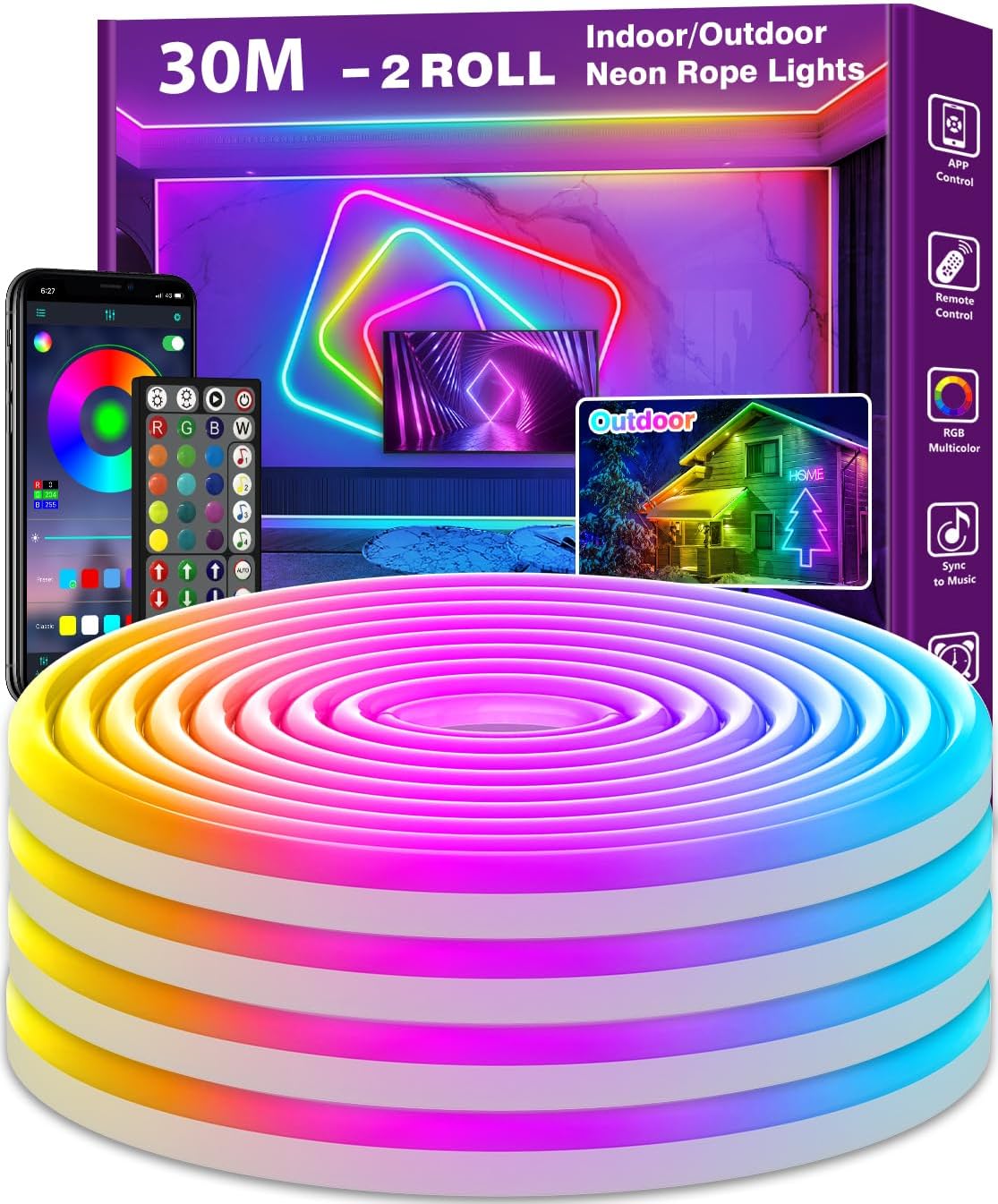 Detalle de AILBTON 30m Flexible LED Rope Lights with App/Remote, Music Sync and IP65 RGB Neon Strip