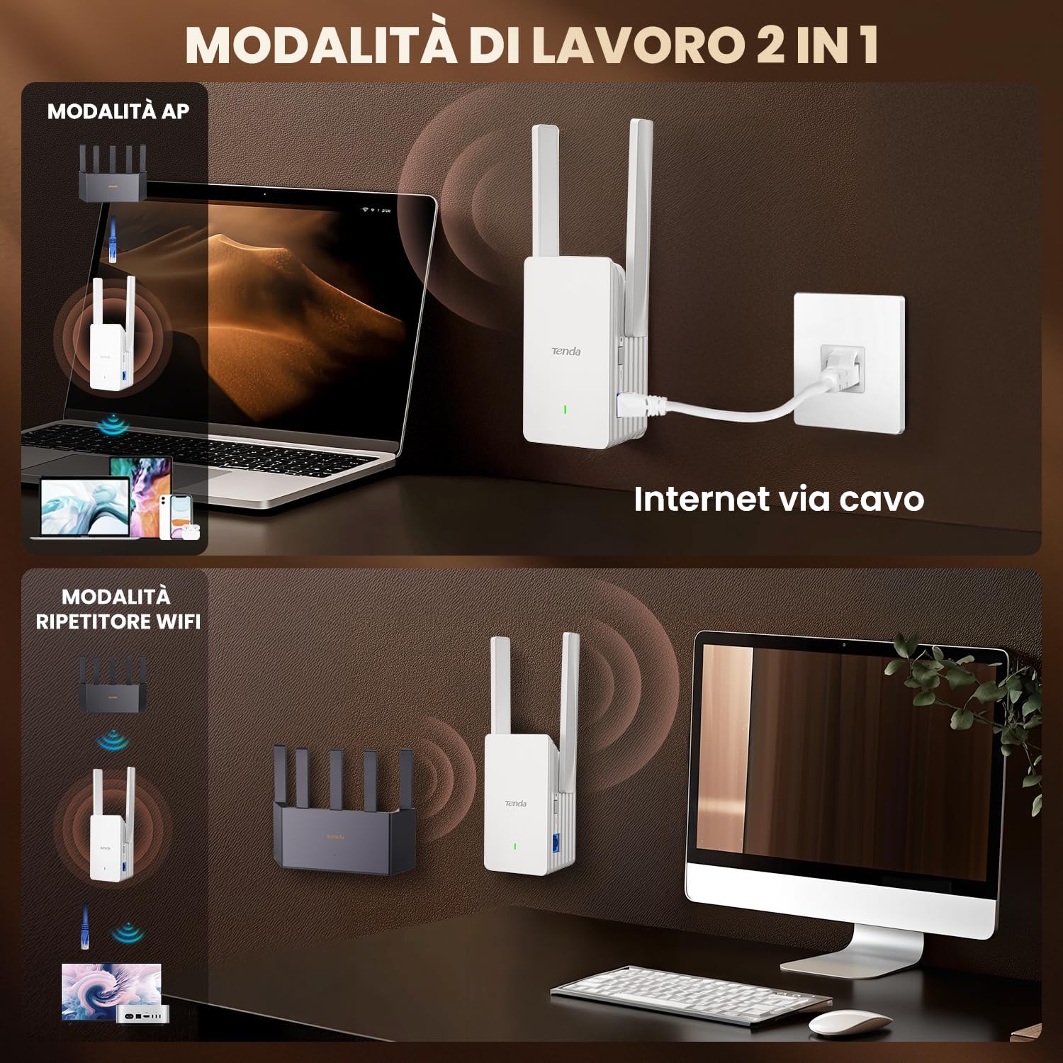Detalle de Tenda Ripetitore WiFi 6 A23: estende la rete con WiFi 6 dual band AX1500