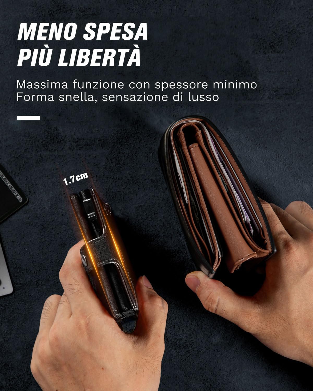 Detalle de VMAN Portafoglio Uomo Slim con RFID – Nero, Pelle PienoFiore, 8–11 Carte