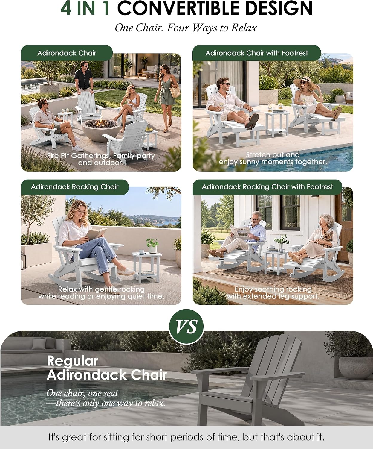 Detalle 2 de SUUNYN 4-in-1 Rocking Adirondack Chair with Footrest, White HDPE
