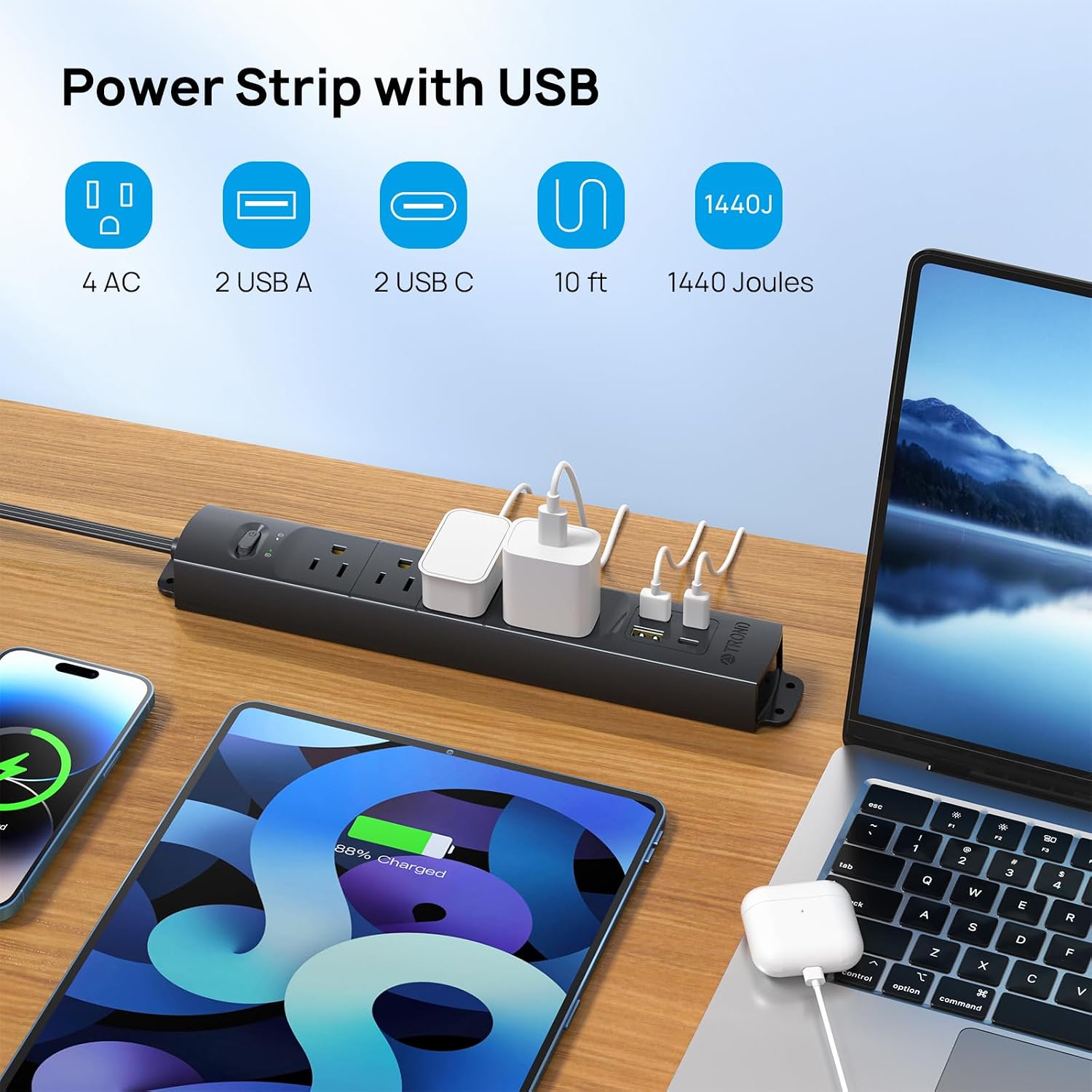 Detalle de TROND Prime II Power Bar, 4 Outlets, USB-C, 10 ft Cord, 1440 J Surge Protection