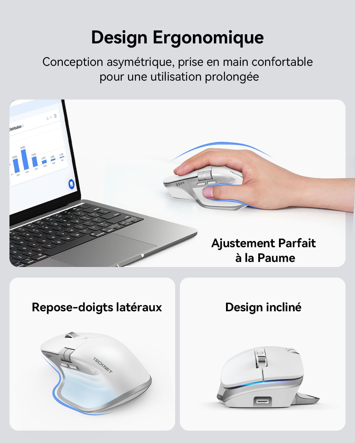 Detalle de TECKNET Souris Bluetooth Ergonomique 3 modes : 4800 DPI, silencieuse et rechargeable