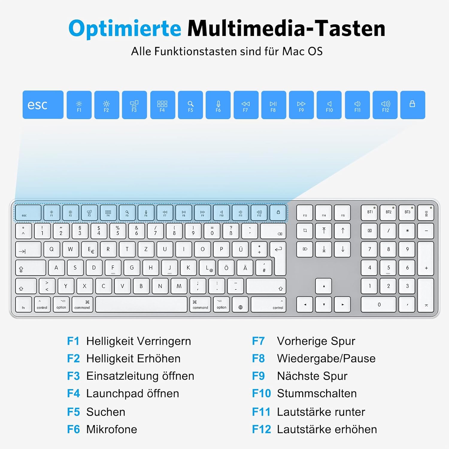 Thumbnail 4 de OMOTON Bluetooth Mac-Tastatur (kabellos, wiederaufladbar) mit 3 Bluetooth-Kanälen – QWERTZ DE für MacBook, iMac & Co.