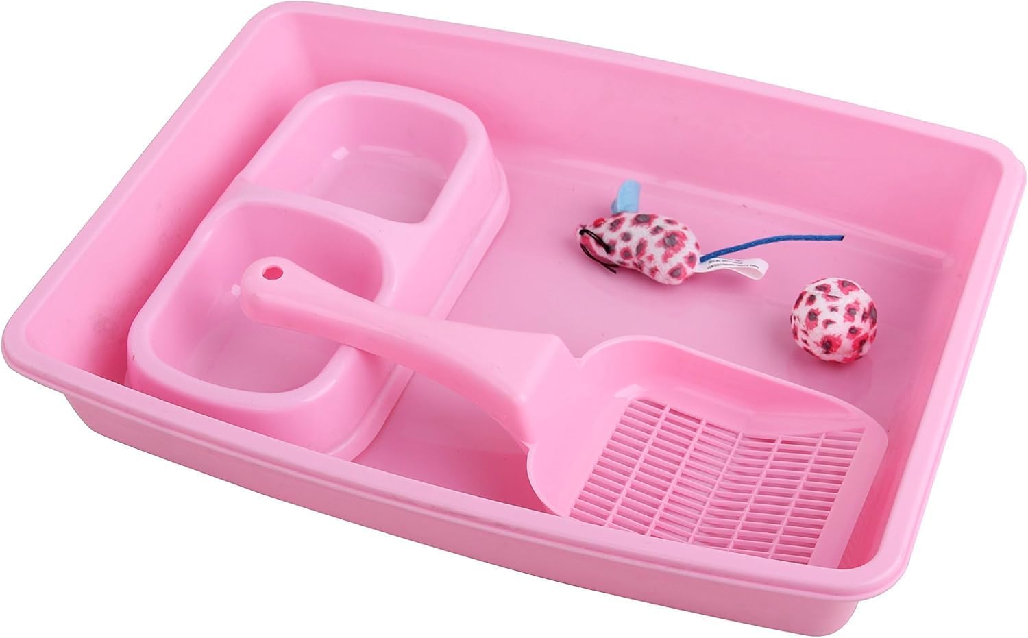 Detalle de PAWISE Cat Accessories Set of 4: Litter Tray, Litter Scoop, Bowl and Kitten Toy in Pink