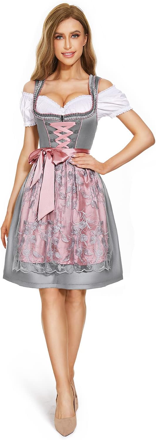 Thumbnail 4 de AMZHOTER Dirndl Damen midi Trachtenkleid 3-teilig inkl. Bluse und Schürze – Grau/Dunkelblau