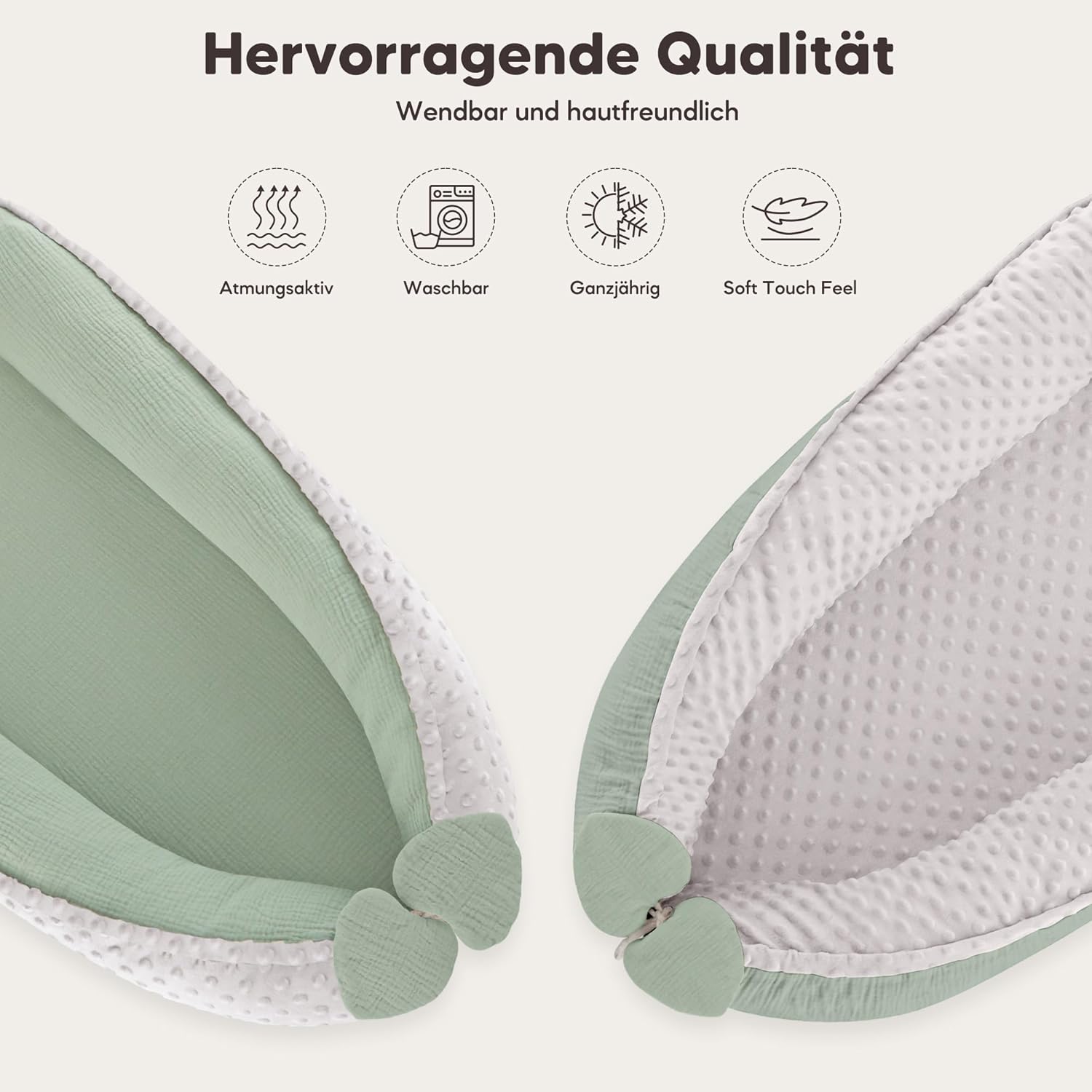 Thumbnail 1 de Bearmoss Babynestchen Kuschelnest für Neugeborene (90x55 cm, grün) – weiches & atmungsaktives Nest für unterwegs