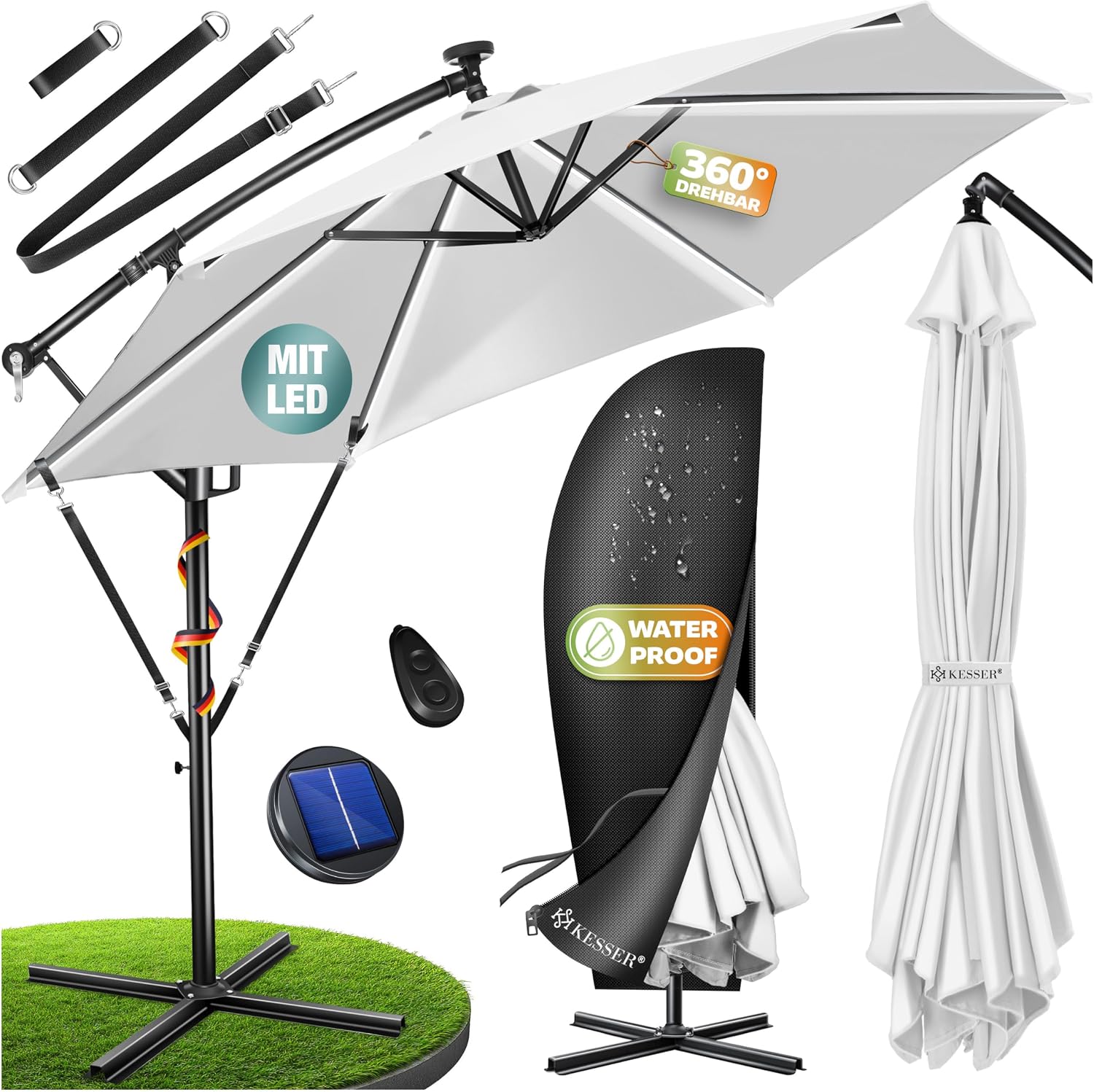 Detalle de KESSER Sonnenschirm Solar Ø 300 cm/Ø 350 cm mit LED-Beleuchtung – Kurbelmechanik, Alu-Gestell, mit Abdeckung