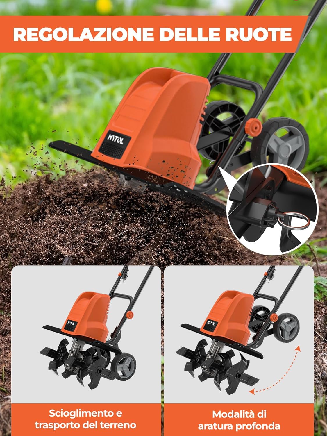 Detalle de MYTOL Motozappa 1500W – 45 cm di Lavoro, 6×4 Denti in Acciaio, Manico Pieghevole