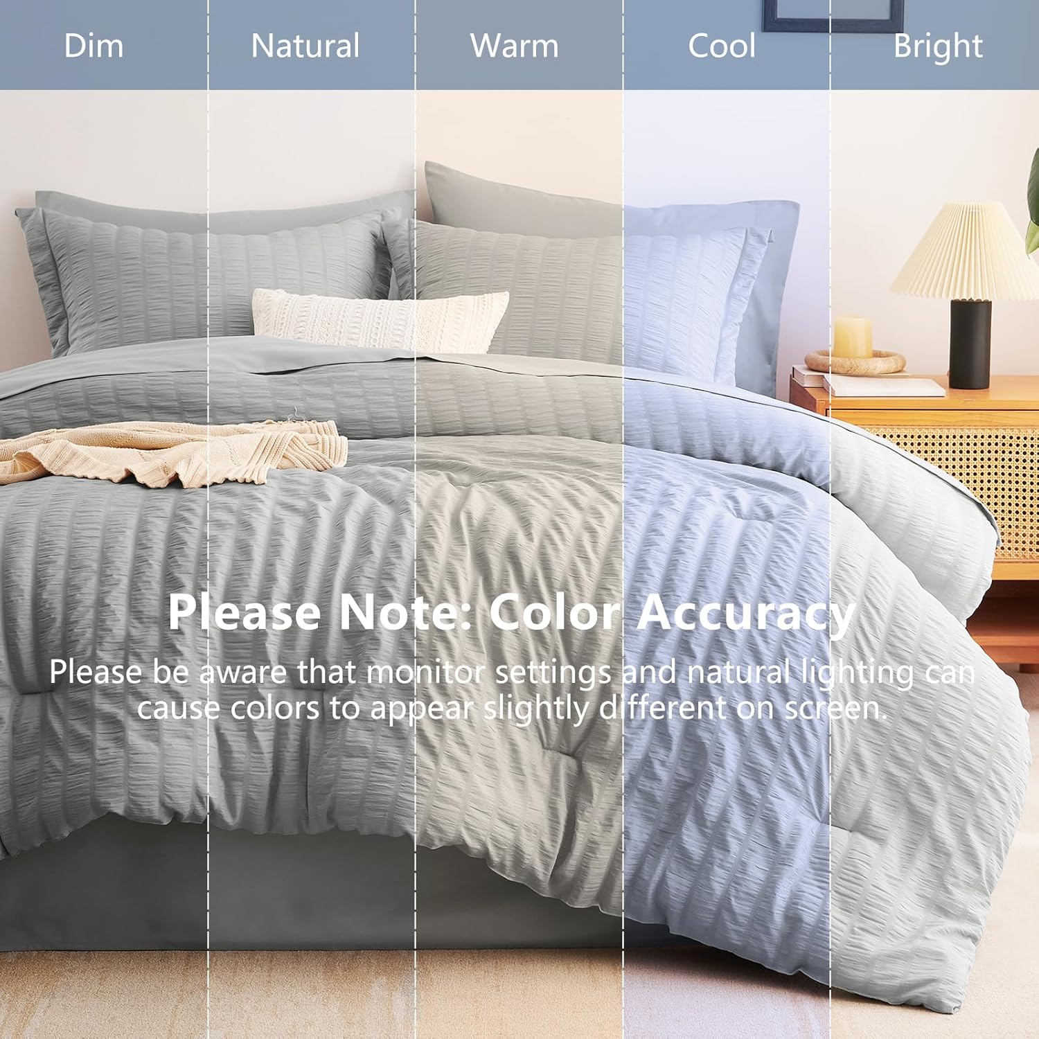 Detalle de CozyLux Queen Seersucker 7-Piece Bedding Set in Gray - Soft Microfiber & Wrinkle-Resistant Comfort