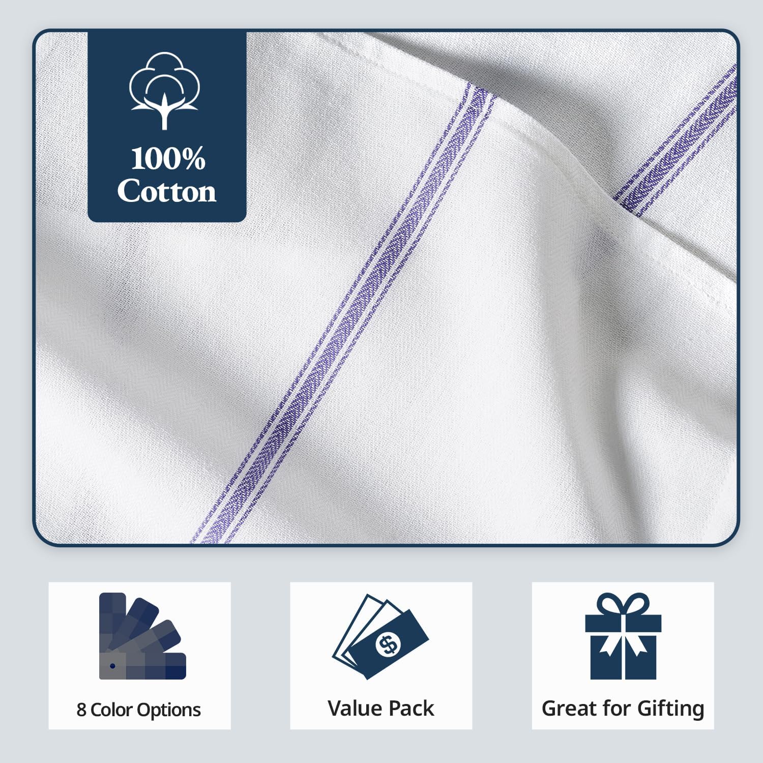 Detalle 2 de LANE LINEN Kitchen Tea Towel Bulk Set – 48 x 15x25 Blue Stripe, 100% Cotton