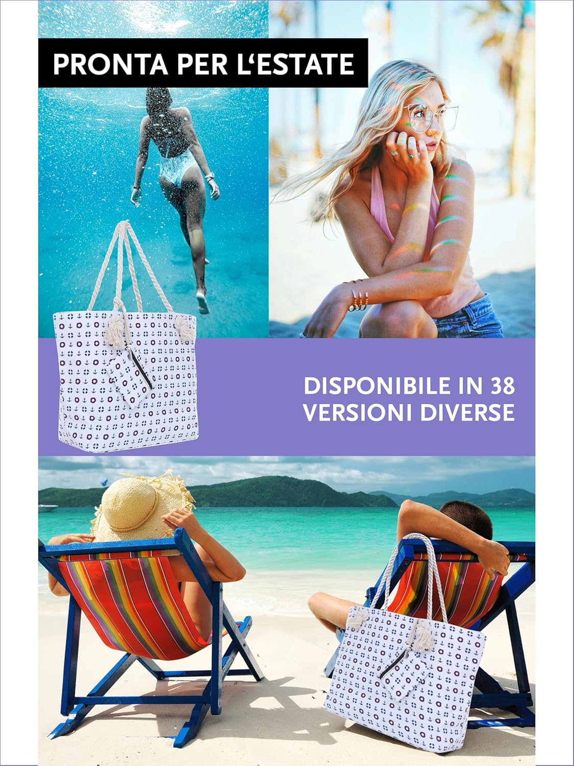 Thumbnail 4 de DonDon Borsa spiaggia XXL chiusura zip 58x38x18 cm
