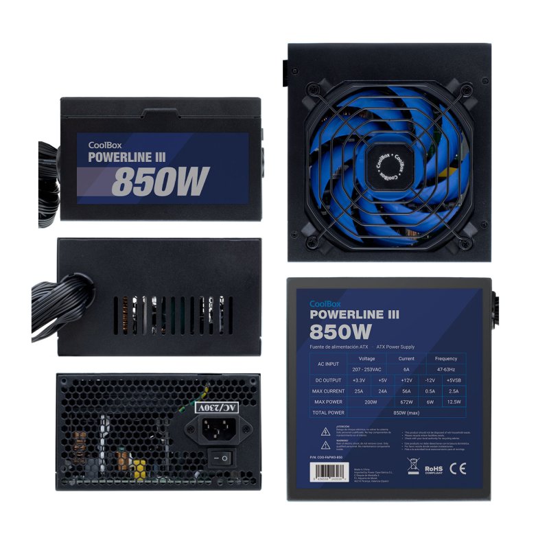 Detalle de Coolbox PowerLine 3 850W: fuente ATX 850W con 85% de eficiencia y ventilador regulable