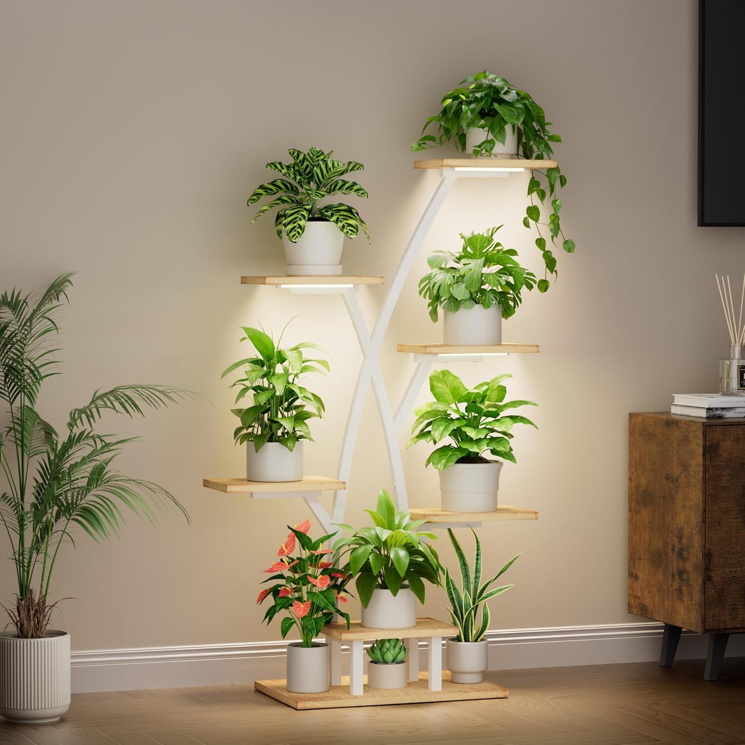 Detalle de BACEKOLL Supporto per piante con luci di crescita: scala a 7 livelli, 105 cm in metallo e legno, bianco