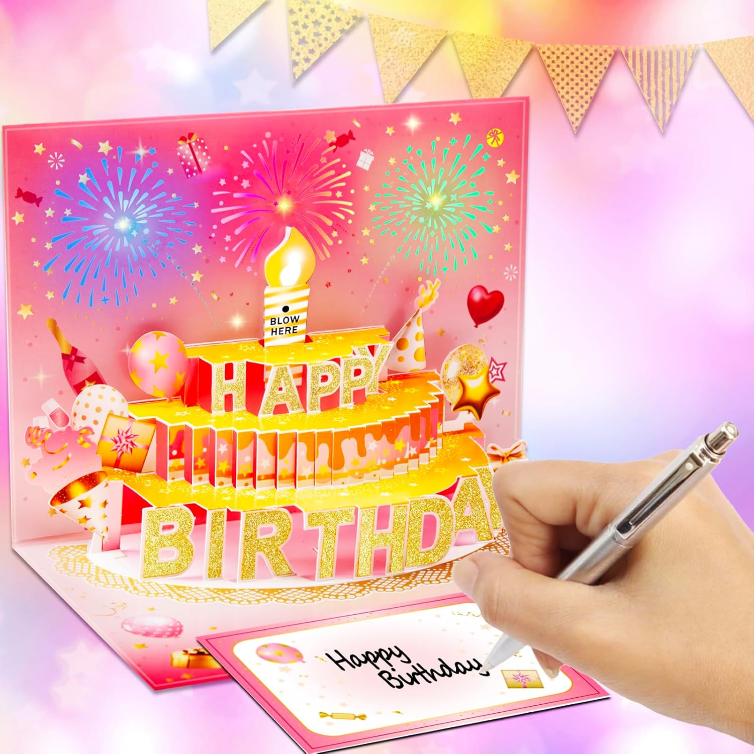 Thumbnail 4 de Carte d'anniversaire pop-up 3D avec lumières et son - bouquet lumineux 4-en-1 en rose et doré